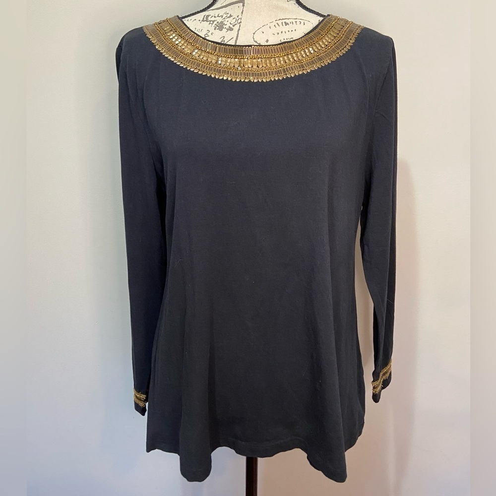 Soft Surroundings Black Gold Beaded Embellished Tunic Long Sleeve‎ Top SZ LP
